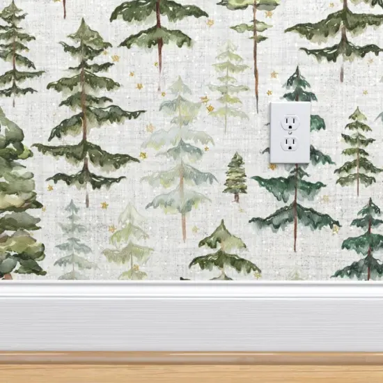 Pre-Pasted Wallpaper 2FT Wide Night Sky Forest Soft Gray Stars Woodland Trees Winter Custom Pre-pasted Wallpaper by Spoonflower {4}