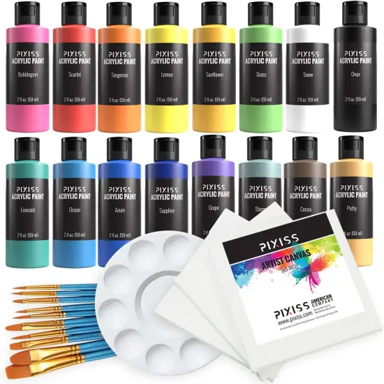 Pixiss Acrylic Paints Set of 16 (59 ml/2floz), 10 Paint Brush, 5x5-Inch Canvases 3 Pack {1}