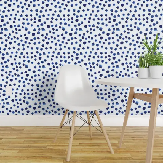 Peel & Stick Wallpaper 2FT Wide Blue Brushstrokes Background Watercolor Watercolour Abstract Hipster Brush Dots Nursery Polka Dot Paint Custom Removable Wallpaper by Spoonflower {1}