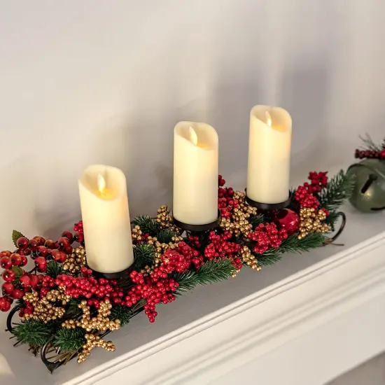 Ornativity Christmas Décor Candle Holder – Xmas Themed Candle Holder Centerpiece Decorations with Red and Gold Berries and Evergreens {3}