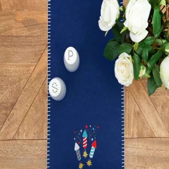 Patriotic 4th of July Solid Blue Sparkler Embroidered Fireworks Design Felt Table Runner 12" x 47.25" {3}