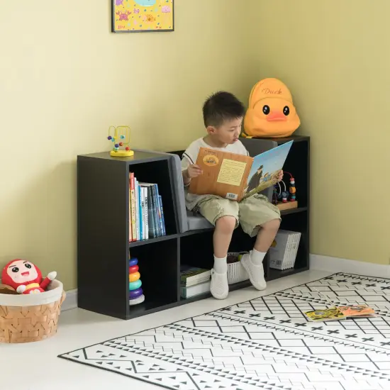 Modern Multi-Purpose Bookshelf with Storage Space and Gray Cushioned Reading Nook Black {2}