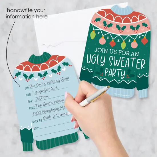 Big Dot of Happiness Colorful Christmas Sweaters - Shaped Fill-In Invitations - Ugly Sweater Holiday Party Invitation Cards with Envelopes - Set of 12 {4}