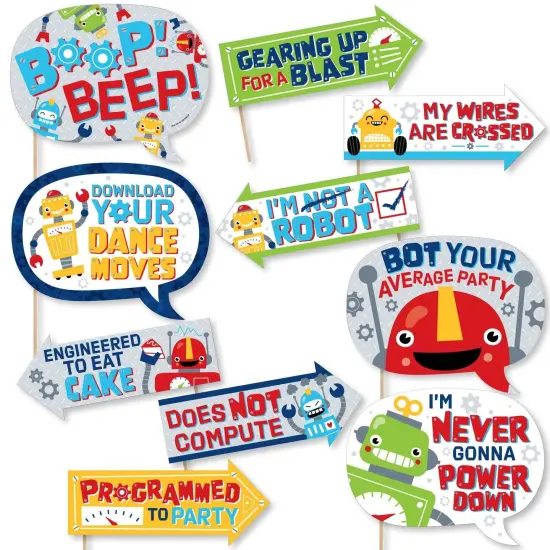 Big Dot of Happiness Funny Gear Up Robots - Birthday Party or Baby Shower Photo Booth Props Kit - 10 Piece {1}