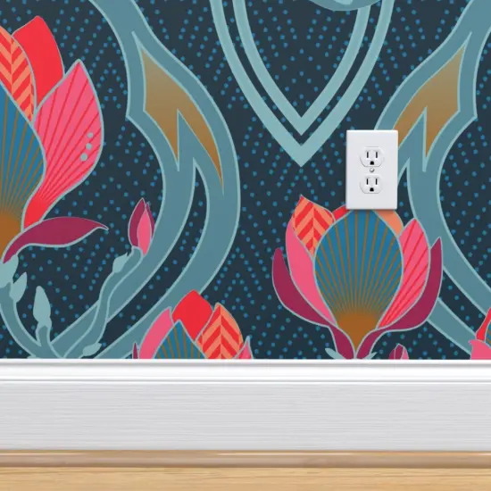 Pre-Pasted Wallpaper 2FT Wide Art Nouveau Floral Magnolia Vintage Inspired Deco Pink Blue Coral Large Scale Flowers Custom Pre-pasted Wallpaper by Spoonflower {4}