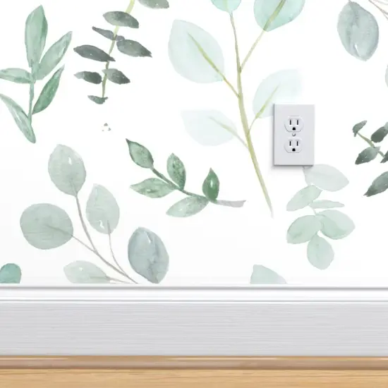 Pre-Pasted Wallpaper 2FT Wide Eucalyptus Leaves Foliage Mint Green Watercolor Botanical Blue Watercolour Greenery Aquarelle Cool Tones Seeded Eucalyptus Custom Pre-pasted Wallpaper by Spoonflower {4}