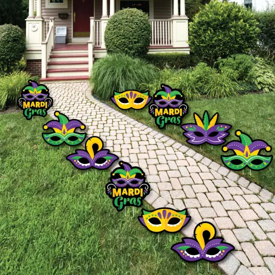 Big Dot of Happiness Colorful Mardi Gras Mask - Lawn Decorations - Outdoor Masquerade Party Yard Decorations - 10 Piece {1}