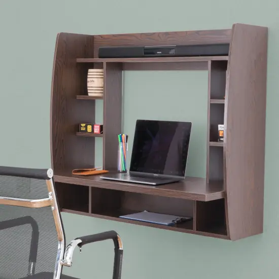 Versatile Wall Mount Floating Computer Desk - Stylish and Space-Saving Writing Study Table with Shelves - Ideal for Living Room, Bedroom, and Home Office Brown {9}