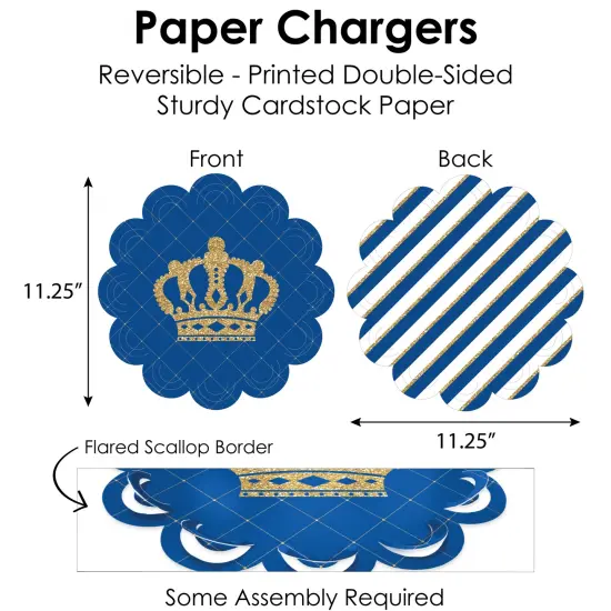 Big Dot of Happiness Royal Prince Charming - Baby Shower or Birthday Party Paper Charger and Table Decorations - Chargerific Kit - Place Setting for 8 {6}