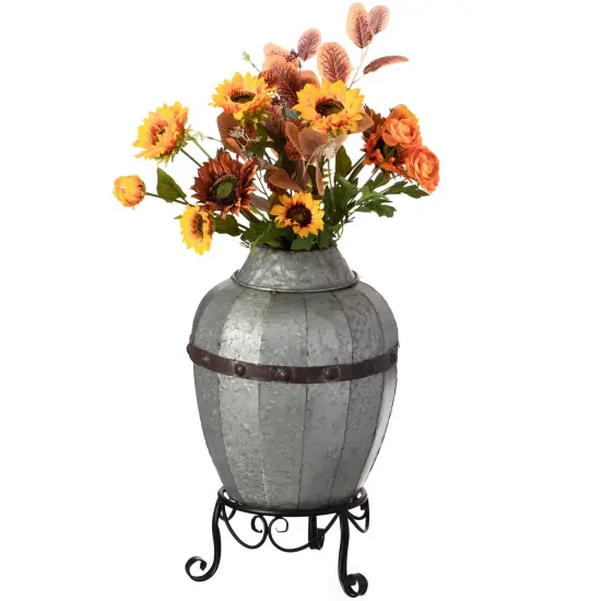 Rustic Silver Galvanized Barrel Shape Planter and Vase with Metal Stand {1}