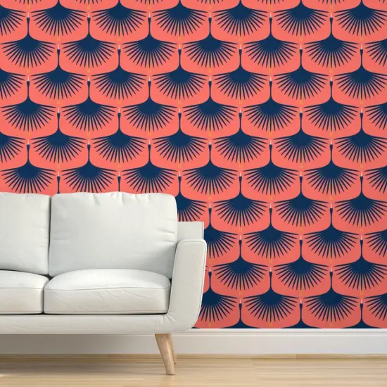 Peel & Stick Wallpaper 2FT Wide Navy Swan Flying Birds Cranes Art Deco Coral And Custom Removable Wallpaper by Spoonflower {5}