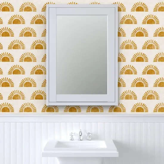 Pre-Pasted Wallpaper 2FT Wide Boho Block Print Sun Sunshine In Golden Orange Custom Pre-pasted Wallpaper by Spoonflower {6}