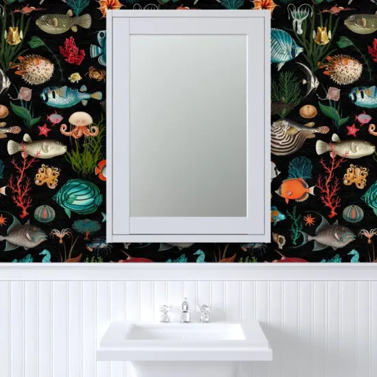 Pre-Pasted Wallpaper 2FT Wide Black Nautical Sea Life Vintage Style Ocean Fish Coastal Tropical Custom Pre-pasted Wallpaper by Spoonflower {6}