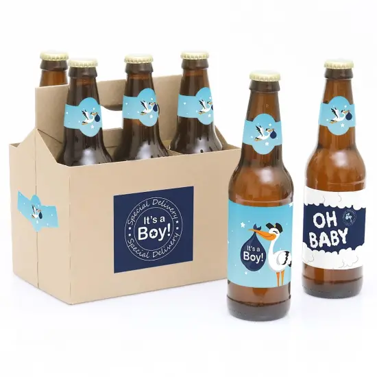 Big Dot of Happiness Boy Special Delivery - Blue It's A Boy Stork Baby Shower Decorations for Women & Men - 6 Beer Bottle Label Stickers & 1 Carrier {1}