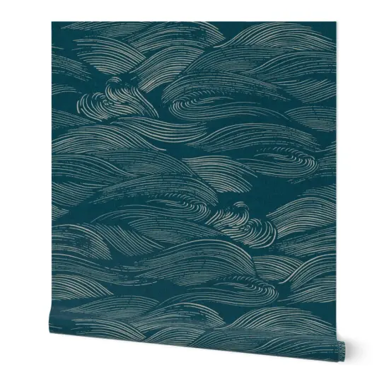 Peel & Stick Wallpaper 2FT Wide Blue Waves Abstract Water Sea Ocean Marine Teal Custom Removable Wallpaper by Spoonflower {7}