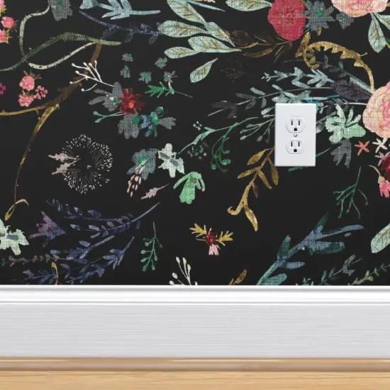 Peel & Stick Wallpaper 2FT Wide Botanical Faux Woven Texture Boho Floral Black And Pink Wild Flowers Bohemian Dark Custom Removable Wallpaper by Spoonflower {4}