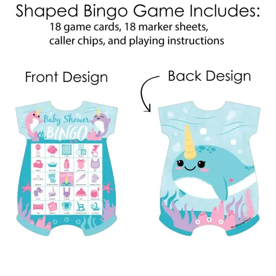 Big Dot of Happiness Narwhal Girl - Picture Bingo Cards and Markers - Under The Sea Baby Shower Shaped Bingo Game - Set of 18 {4}
