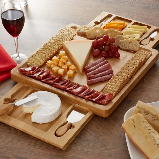 Casafield Bamboo Cheese Board Gift Set, Charcuterie Board Serving Platter with Stainless Steel Knives for Entertaining, Birthdays, Weddings {6}