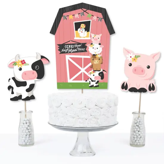 Big Dot of Happiness Girl Farm Animals - Pink Barnyard Baby Shower or Birthday Party Centerpiece Sticks - Table Toppers - Set of 15 {4}
