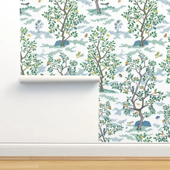 Peel & Stick Wallpaper 2FT Wide Orchard Toile Bird Green Blue Citrus Trees Large Scale Oranges Lemon Toile Chinoiserie Mural Grove Custom Removable Wallpaper by Spoonflower {2}