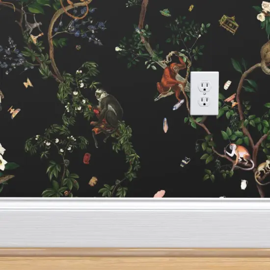 Peel & Stick Wallpaper 2FT Wide Exotic Monkey Jungle Forest Chinoiserie Black Green Floral Botanical Tropical Custom Removable Wallpaper by Spoonflower {4}