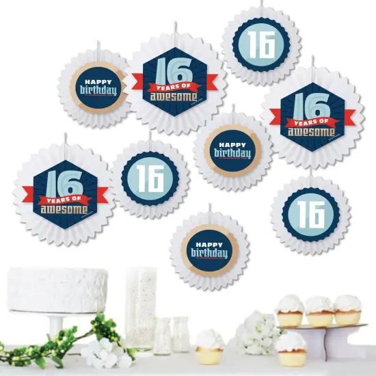 Big Dot of Happiness Boy 16th Birthday - Hanging Sweet Sixteen Birthday Party Tissue Decoration Kit - Paper Fans - Set of 9 {1}