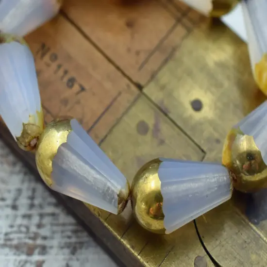 *8* 8x15mm Gold Tipped Milky White Picasso Faceted Drop Beads {3}