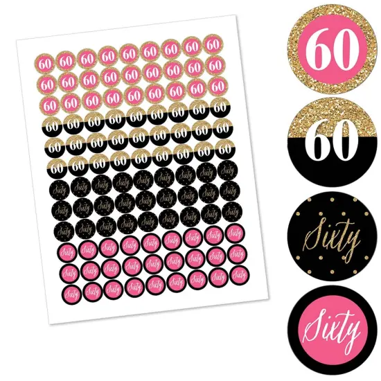 Big Dot of Happiness Chic 60th Birthday - Pink, Black and Gold - Round Candy Sticker Favors - Labels Fits Chocolate Candy (1 sheet of 108) {3}
