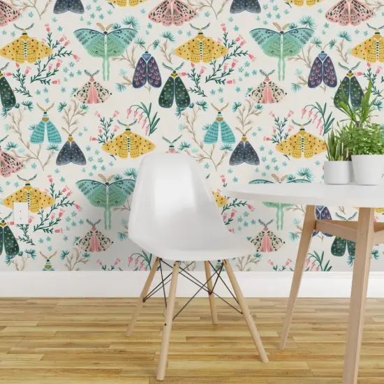 Pre-Pasted Wallpaper 2FT Wide Hand Painted Moths Gouache Butterflies Blush Pink Blue Navy Yellow Insect Wings Garden Flowers Pastel Custom Pre-pasted Wallpaper by Spoonflower {1}