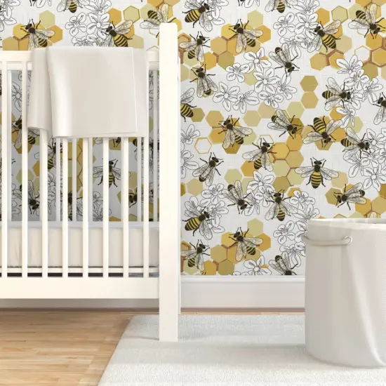 Pre-Pasted Wallpaper 2FT Wide Endangered Species Honey Bee Flowers Honeycomb Hexagon Floral Apiary Insects Bugs Custom Pre-pasted Wallpaper by Spoonflower {7}