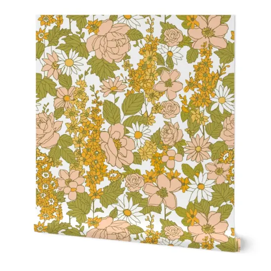 Peel & Stick Wallpaper 2FT Wide Retro Flowers Green Orange Pink 1970s Spring Flower Power Vintage Style Custom Removable Wallpaper by Spoonflower {7}