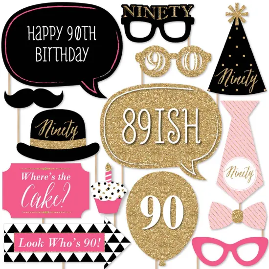 Big Dot of Happiness Chic 90th Birthday - Pink, Black and Gold - Birthday Party Photo Booth Props Kit - 20 Count {1}