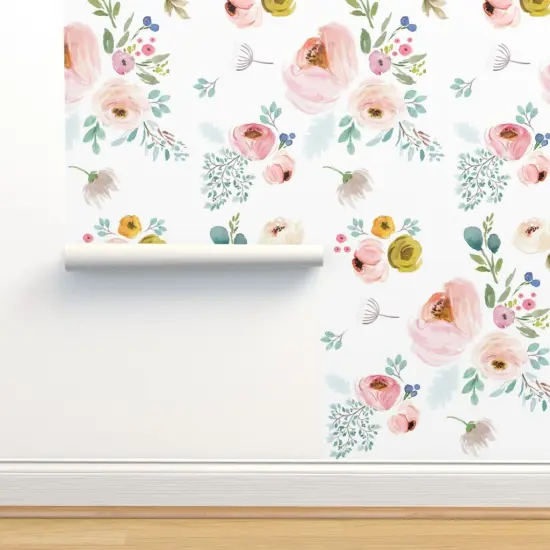 Peel & Stick Wallpaper 2FT Wide Love Space Florals Floral Watercolor Roses Garden Botanical Girl Pastel Colors Flowers Spring Boho Custom Removable Wallpaper by Spoonflower {2}