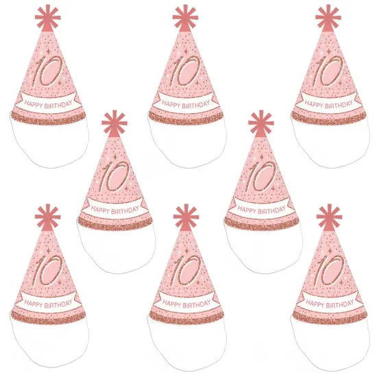 Big Dot of Happiness 10th Pink Rose Gold Birthday - Cone Happy Birthday Party Hats for Kids and Adults - Set of 8 (Standard Size) {7}