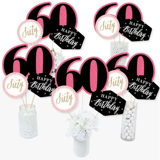 Big Dot of Happiness Chic 60th Birthday - Pink, Black and Gold - Birthday Party Centerpiece Sticks - Table Toppers - Set of 15 {3}