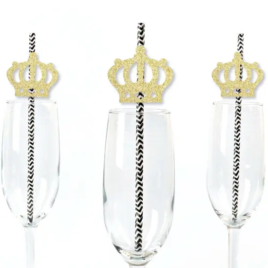 Big Dot of Happiness Gold Glitter Prince Crown Party Straws - No-Mess Real Glitter Cut-Outs & Baby Shower or Birthday Party Paper Straws - Set of 24 {1}