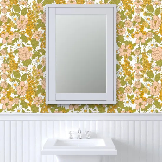 Pre-Pasted Wallpaper 2FT Wide Retro Flowers Green Orange Pink 1970s Spring Flower Power Vintage Style Custom Pre-pasted Wallpaper by Spoonflower {6}