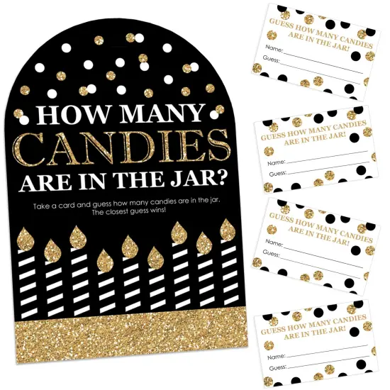 Big Dot of Happiness Adult Happy Birthday - Gold - How Many Candies Birthday Party Game - 1 Stand and 40 Cards - Candy Guessing Game {1}