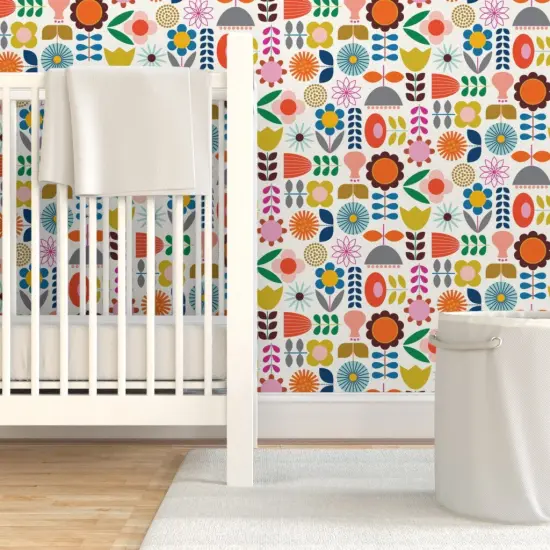 Pre-Pasted Wallpaper 2FT Wide Scandinavian Scandi Style Folk Art Inspired Colorful Mod Floral Flower Daisy Tulip Garden Custom Pre-pasted Wallpaper by Spoonflower {7}
