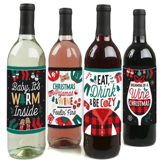 Big Dot of Happiness Christmas Pajamas - Holiday Plaid PJ Party Decorations for Women and Men - Wine Bottle Label Stickers - Set of 4 {1}