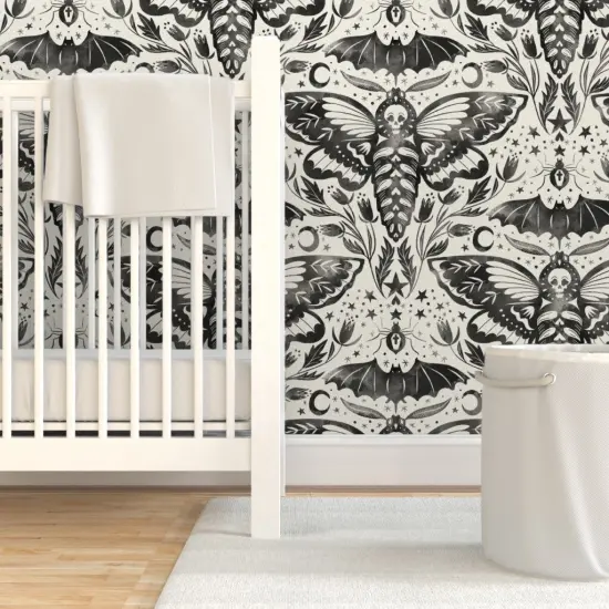 Pre-Pasted Wallpaper 2FT Wide Black And White Moth Bat Flower Stars Ink Watercolor Moon Ghosts October Gothic Halloween Custom Pre-pasted Wallpaper by Spoonflower {7}
