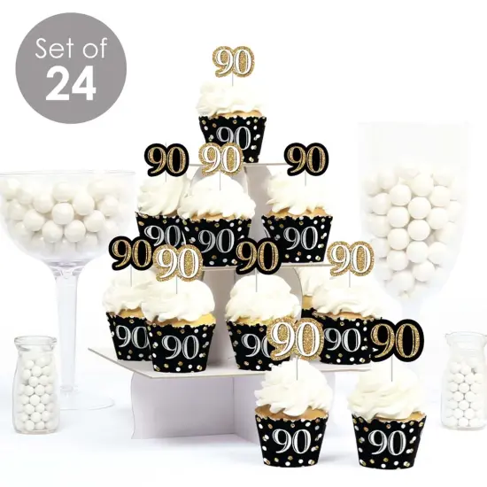 Big Dot of Happiness Adult 90th Birthday - Gold - Cupcake Decoration - Birthday Party Cupcake Wrappers and Treat Picks Kit - Set of 24 {3}