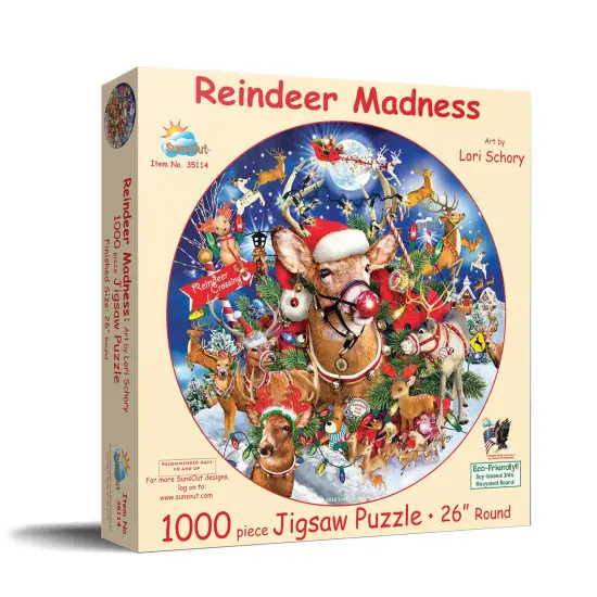 Sunsout Reindeer Madness 1000 pc Round Christmas Jigsaw Puzzle 35114 {3}