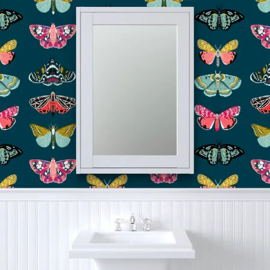Peel & Stick Wallpaper 2FT Wide Butterflies Insect Nature Moth Botanical Bugs Girl Pink Custom Removable Wallpaper by Spoonflower {6}