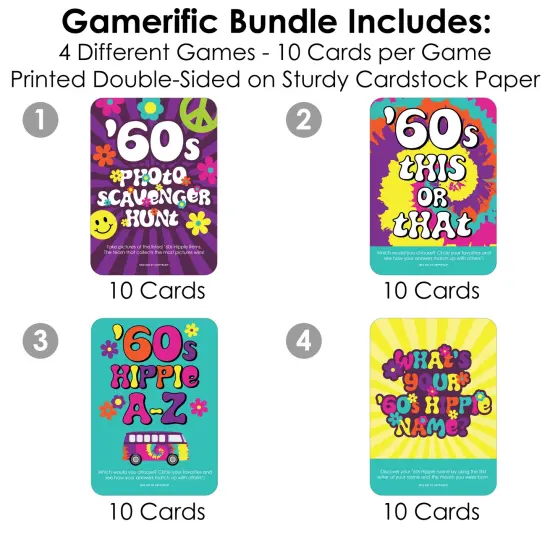 Big Dot of Happiness 60&rsquo;s Hippie - 4 1960s Groovy Party Games - 10 Cards Each - Gamerific Bundle {4}