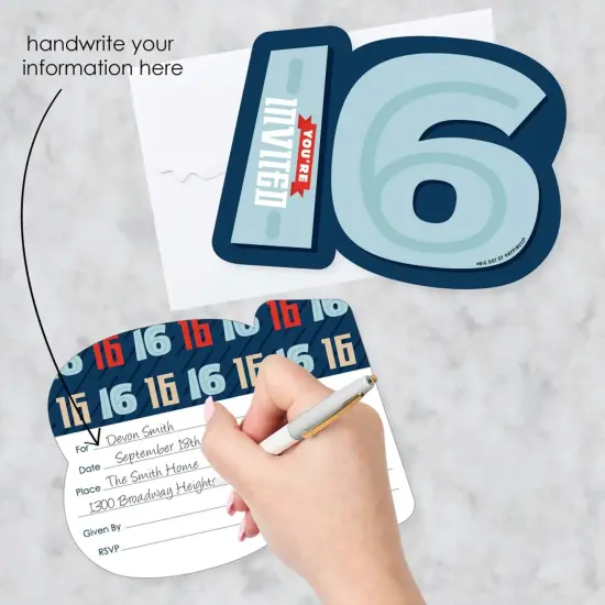Big Dot of Happiness Boy 16th Birthday - Shaped Fill-In Invitations - Sweet Sixteen Birthday Party Invitation Cards with Envelopes - Set of 12 {3}
