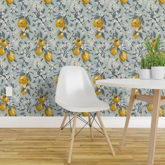 Pre-Pasted Wallpaper 2FT Wide Lemons And Honeybees Modern Farmhouse Citrus Grove Pollinators Bees Mustard Yellow White Aqua Blue Custom Pre-pasted Wallpaper by Spoonflower {1}
