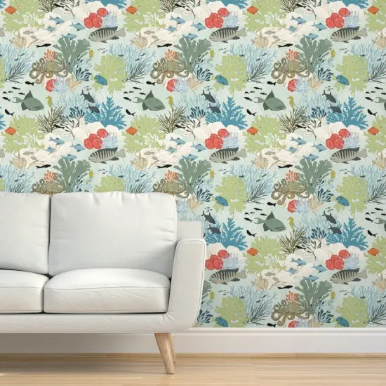 Pre-Pasted Wallpaper 2FT Wide Coral Reef Sea Life Nautical Aqua Fish Beach Ocean Octopus Custom Pre-pasted Wallpaper by Spoonflower {5}