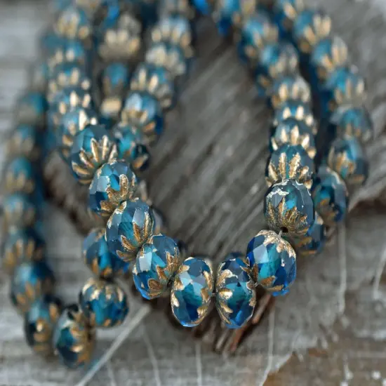 *25* 6x9mm Etched Gold Washed Pacific Blue Cruller Rondelle Beads {1}
