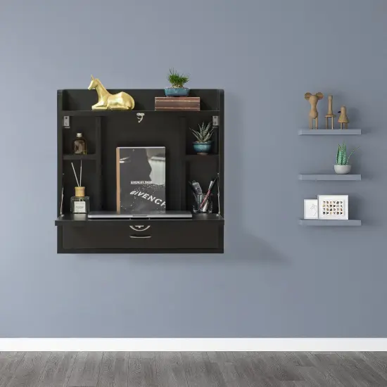 Wall Mount Folding Laptop Writing Computer or Makeup Desk with Storage Shelves and Drawer Black {3}